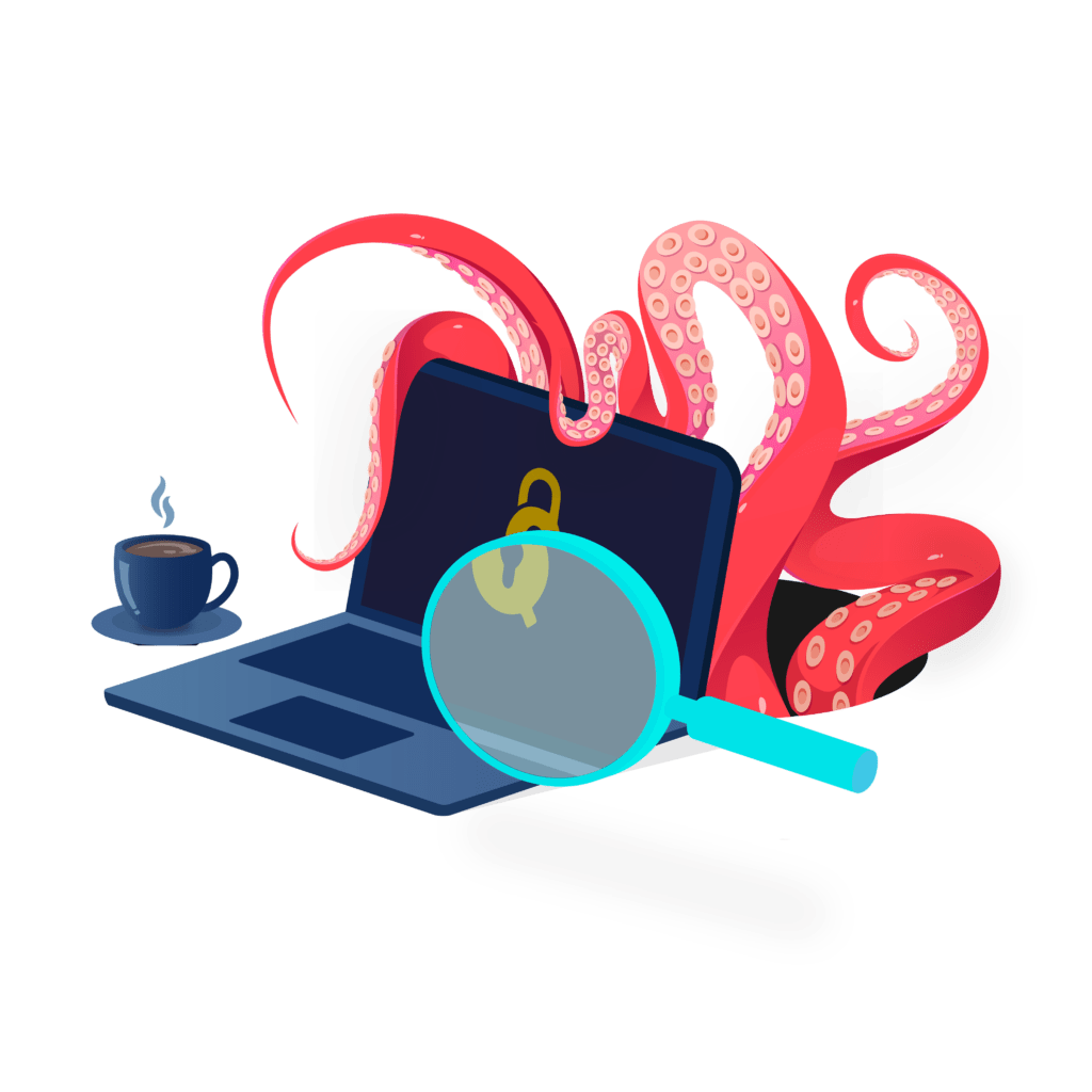 Octopus perfoming cyber security on a laptop