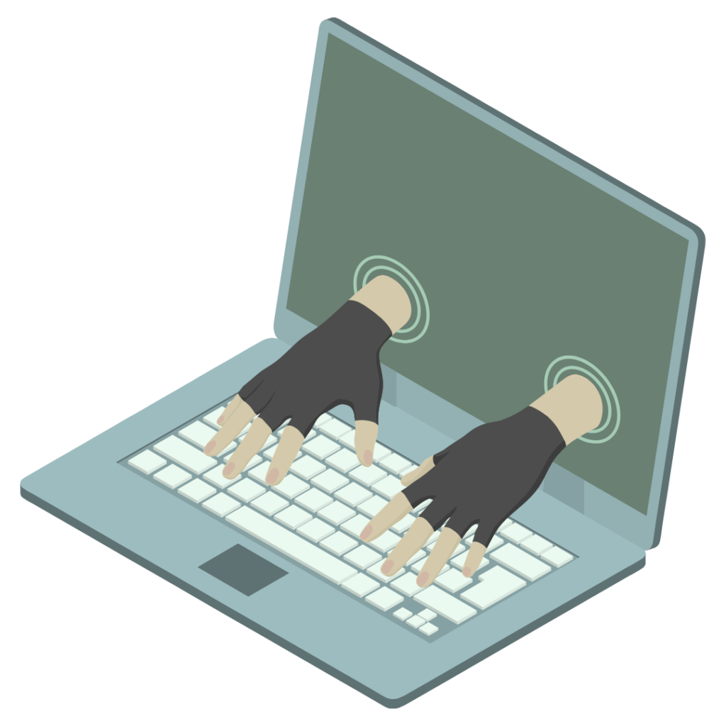 Image of hands coming through a laptop screen to indicate that the laptop is being hacked