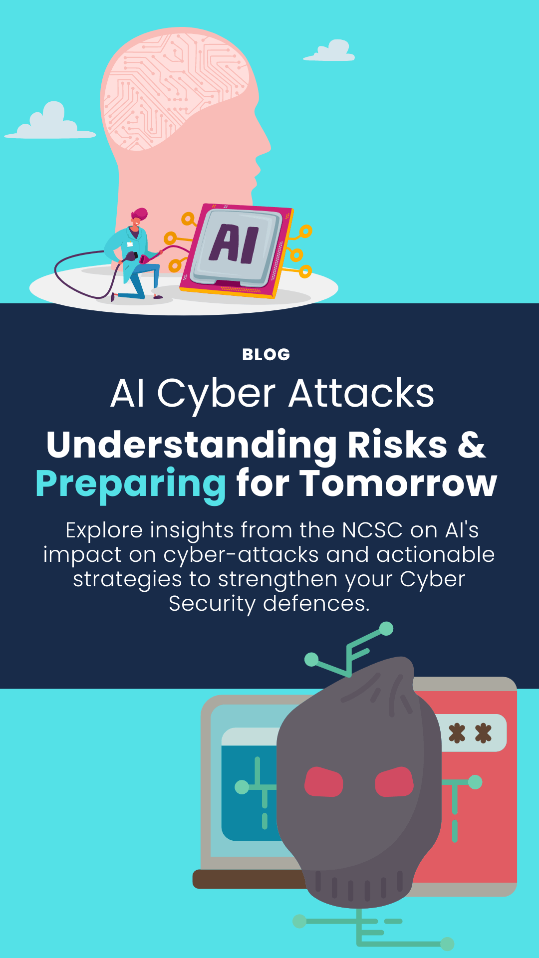 Blog image with the title of the blog and summary of staying safe from ai attacks.