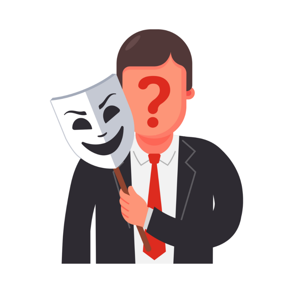 Man holding a mask and his real face is a question mark to show that he's hiding himself