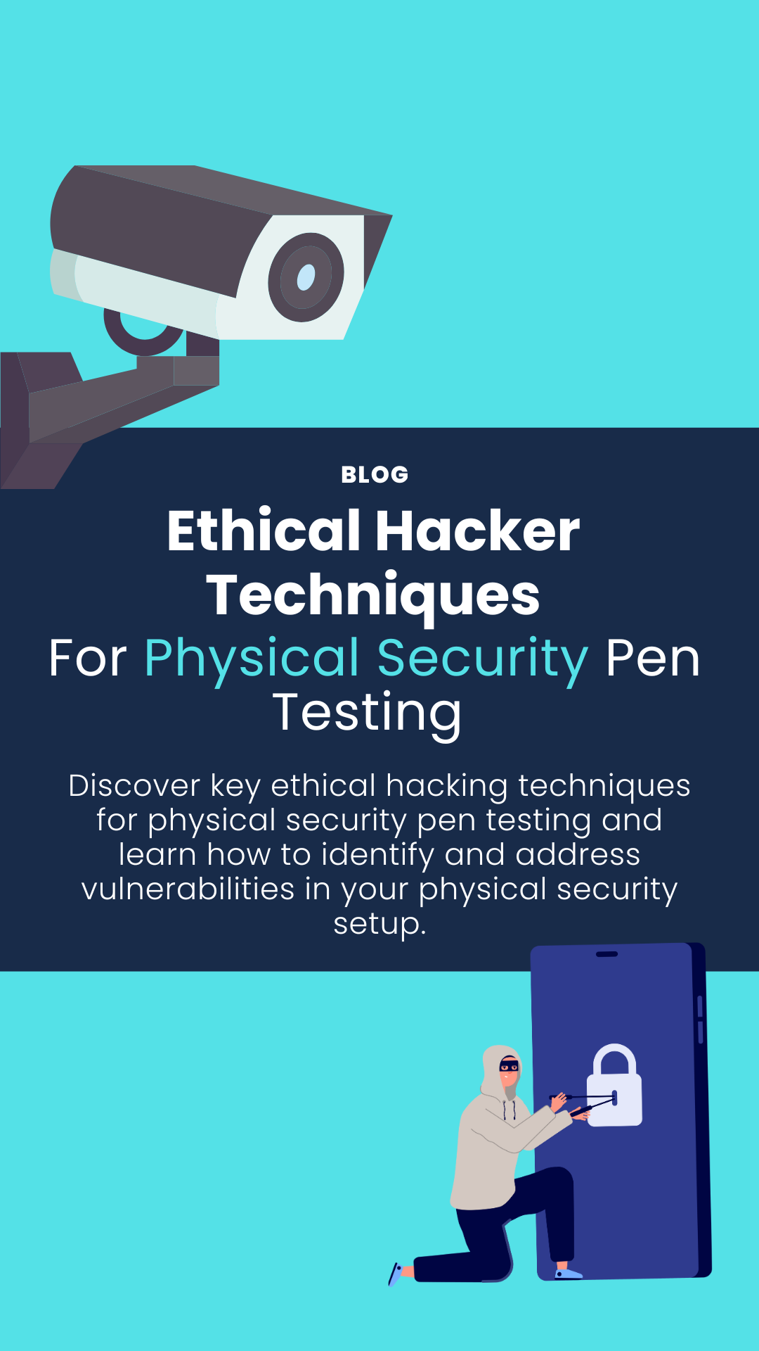 Image of the blog title which says: Ethical hacker techniques for physical security pen testing. On the top of the image there is a security camera and at the bottom there is someone in a mask picking at a phone lock.