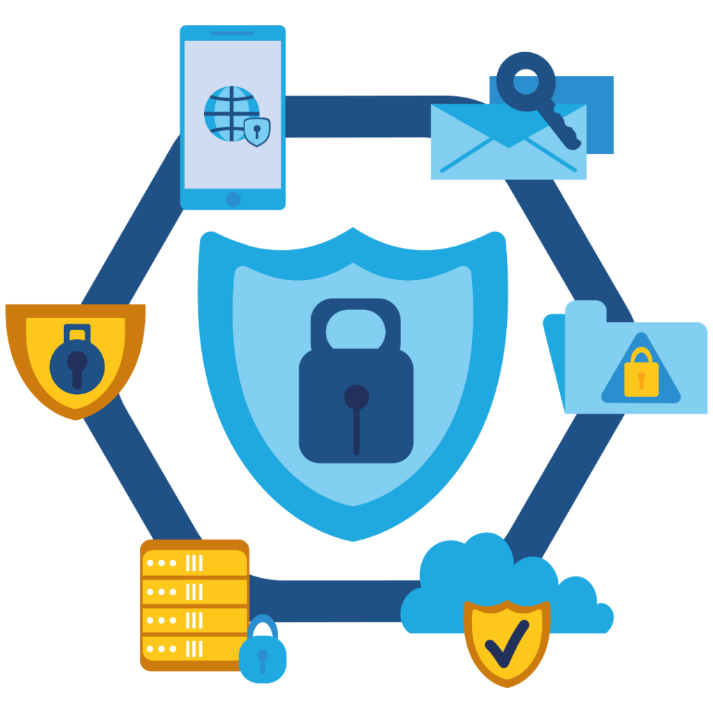 An image of a hexagon with a lock inside it. Each corner of the hexagon has a different element of cyber security practices.