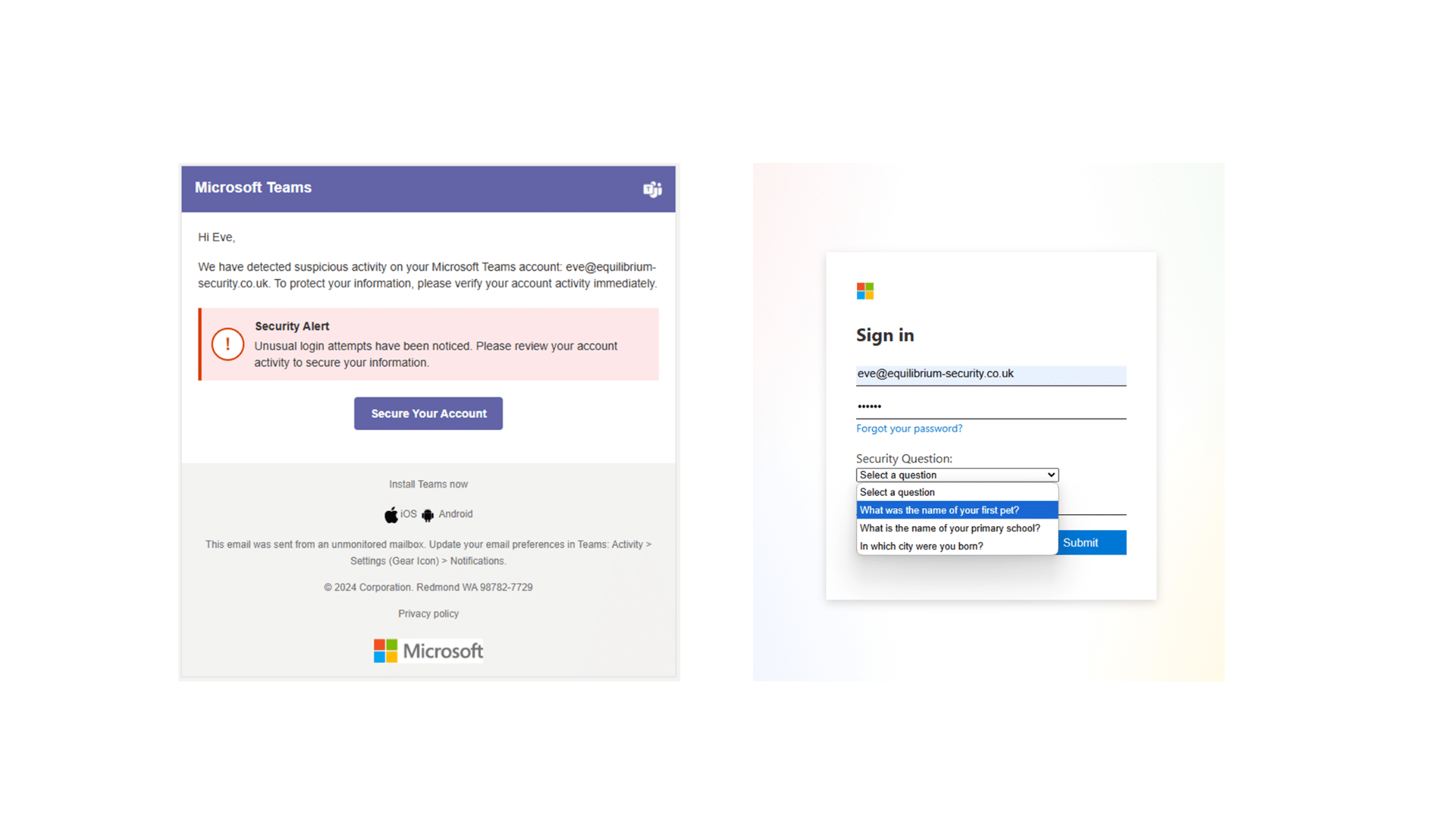 phishing simulation example of microsoft teams