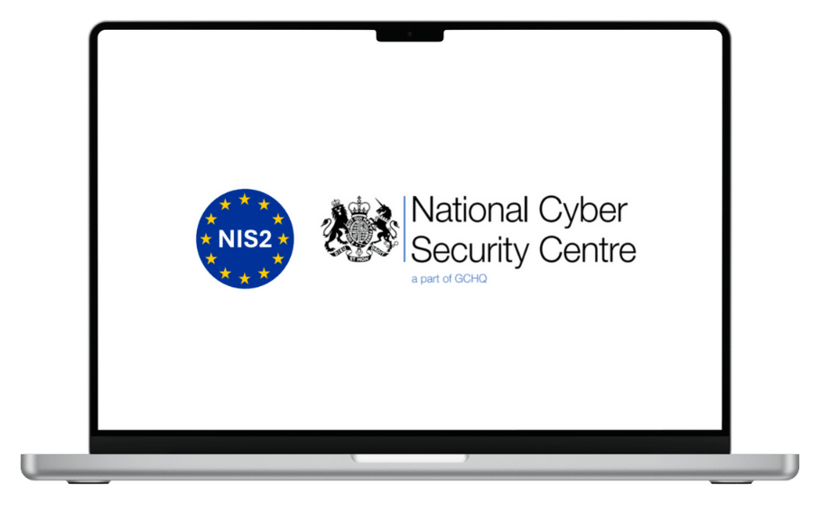 Laptop screen featuring the NIS2 directive logo and the UK’s National Cyber Security Centre (NCSC) emblem, highlighting alignment with key cybersecurity frameworks in Equilibrium’s training content.