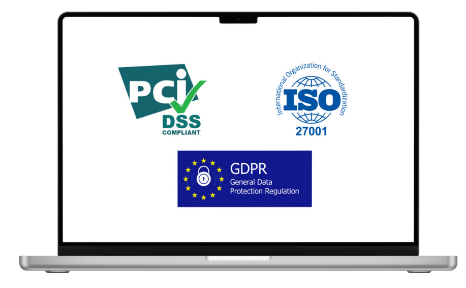 Laptop screen displaying compliance logos for PCI DSS, ISO 27001, and GDPR, representing industry-recognised security standards covered in Equilibrium’s cyber awareness training.