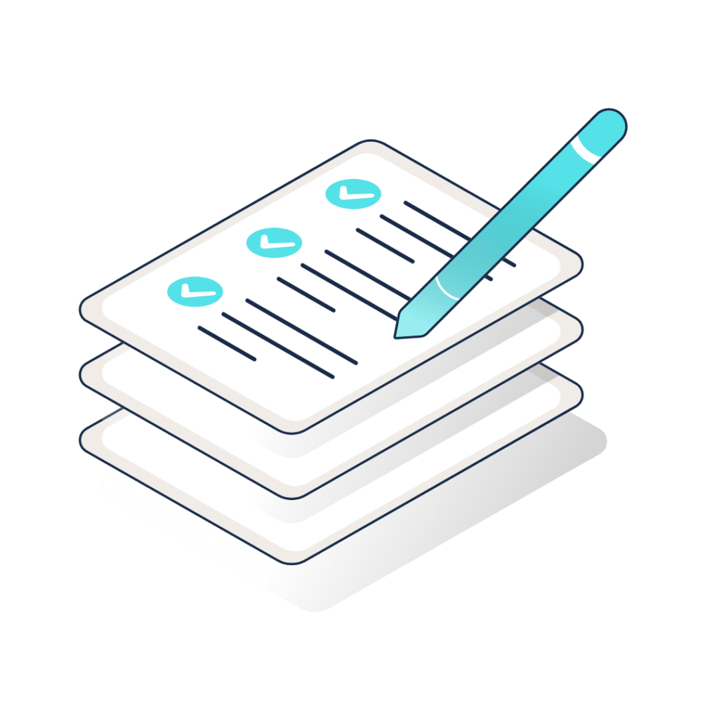 Illustration of stacked documents with a pen marking checkboxes, symbolising reporting, auditing, or documentation