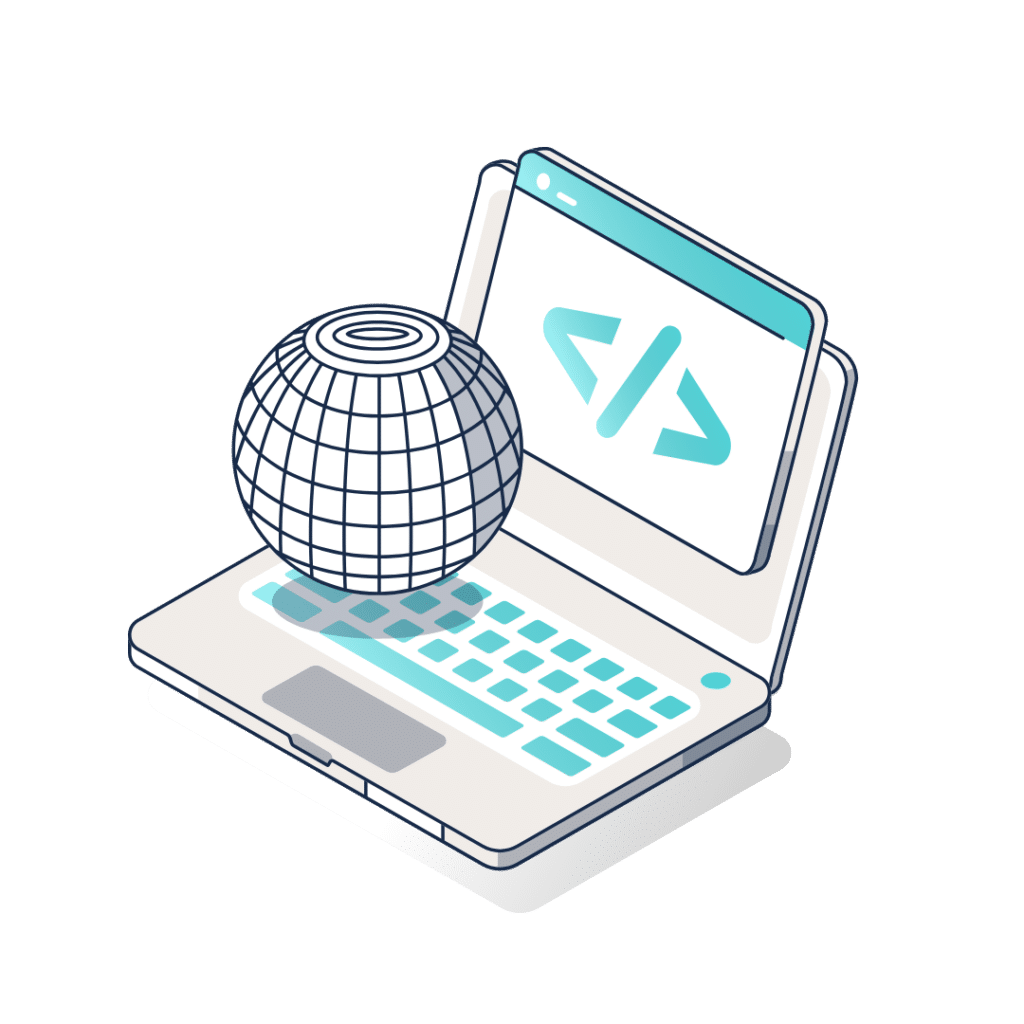 Illustration of a laptop displaying code with a 3D globe in front, symbolising global connectivity, coding, or web development.