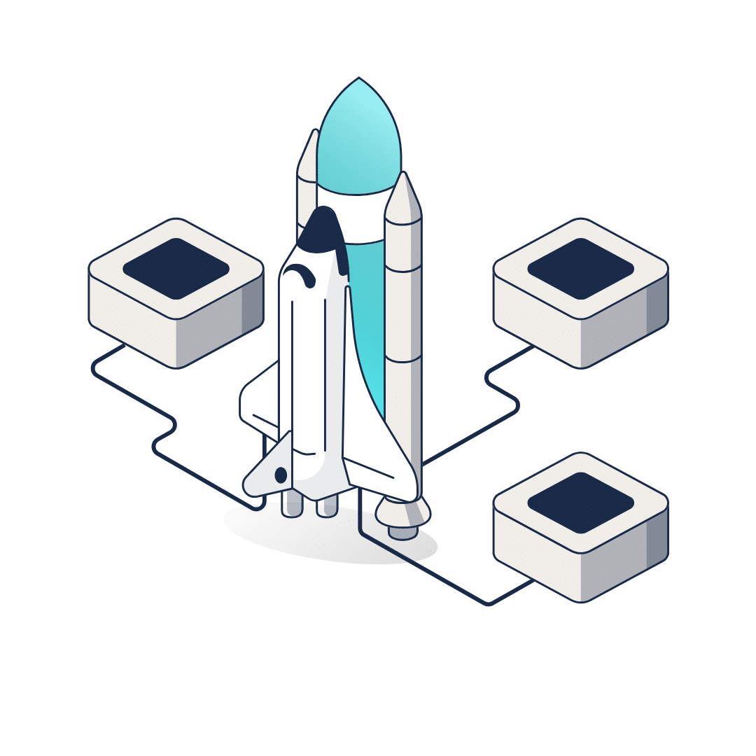 Illustration of a rocket surrounded by four connected blocks, symbolising launch, progress, or interconnected systems.