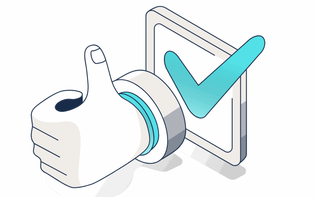 Illustration of a thumbs-up hand pressing a button with a blue checkmark, symbolising approval or successful validation.