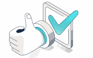 Illustration of a thumbs-up hand pressing a button with a blue checkmark, symbolising approval or successful validation.