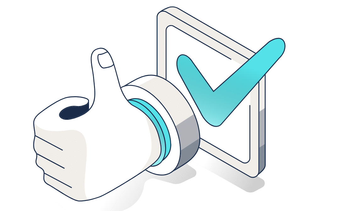 Illustration of a thumbs-up hand pressing a button with a blue checkmark, symbolising approval or successful validation.