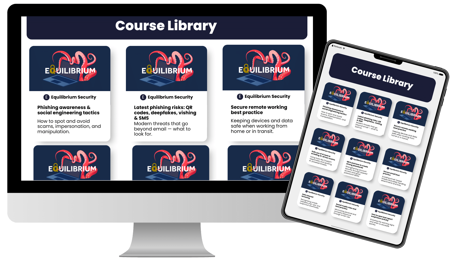 Equilibrium Security online course library with cyber security training on phishing awareness, social engineering, QR code scams, deepfakes, vishing, and remote working security.